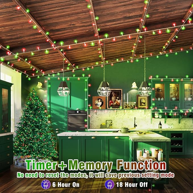 100 LED Red and Green Lights Outdoor - 33ft Red Green String Lights Indoor Clear Wire 8 Modes Plug in Waterproof Twinkle Fairy Lights for Indoor Outside Bedroom Home Party Decorations