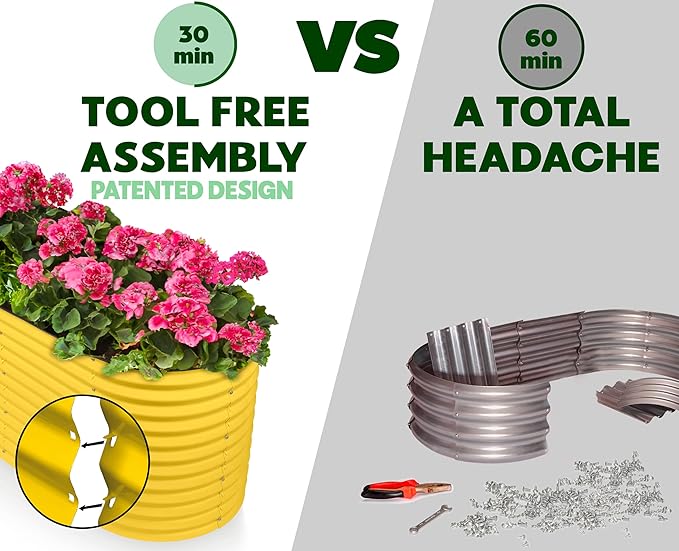 9-in-1 Galvanized Raised Garden Beds Outdoor // 8×2×2.5 ft Modular Planter for Gardening, Vegetables, Flowers // 32" Extra Tall Metal Raised Garden Bed (Yellow) // Patented Design Planter Box