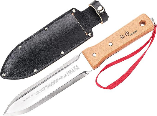 NJP651 Hori Weeding & Digging Knife-Hardened HRC58 Edition, Authentic Tomita (Est. 1960) Japanese Stainless Steel, 7.25" Blade, Wood Handle, w/Premium Leather Sheath