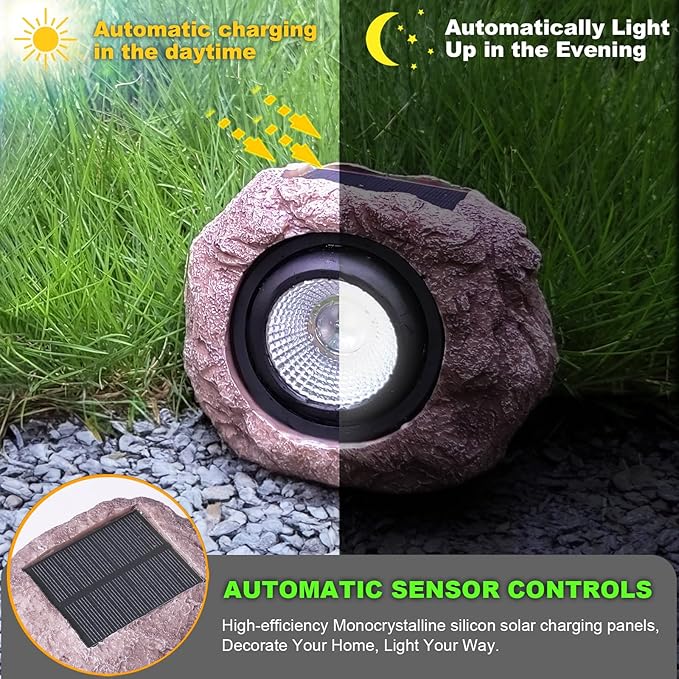 Outdoor Solar Rock Light, Waterproof LED Solar Spotlight, Garden Landscape Lights, Decorative Garden Rock Lights for Paths, Sidewalks, Patio and Landscaping - 4 Pack
