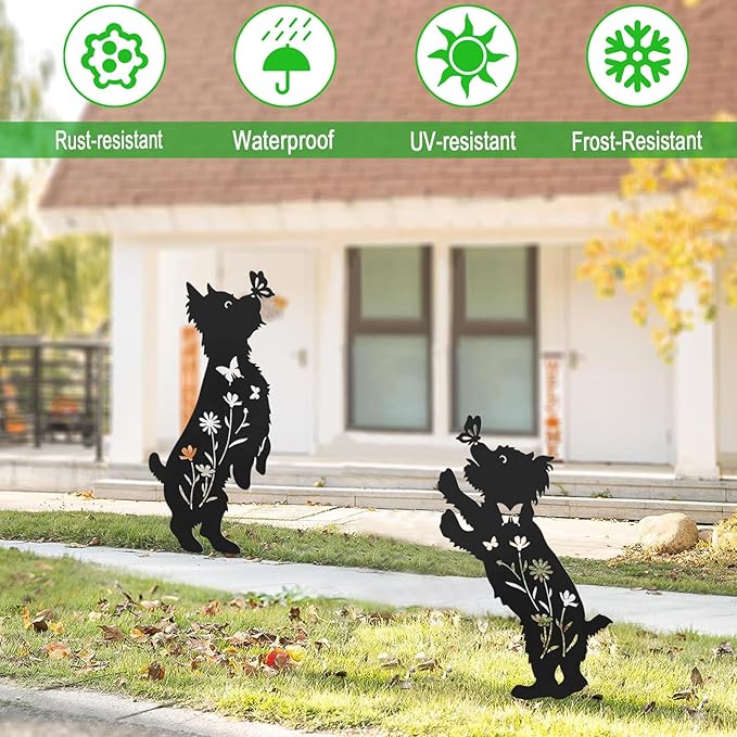 Metal Dog Garden Decor for Outside,Set of 2 Silhouette Yorkie Garden Stakes Decoratvie,Dog Garden Statues