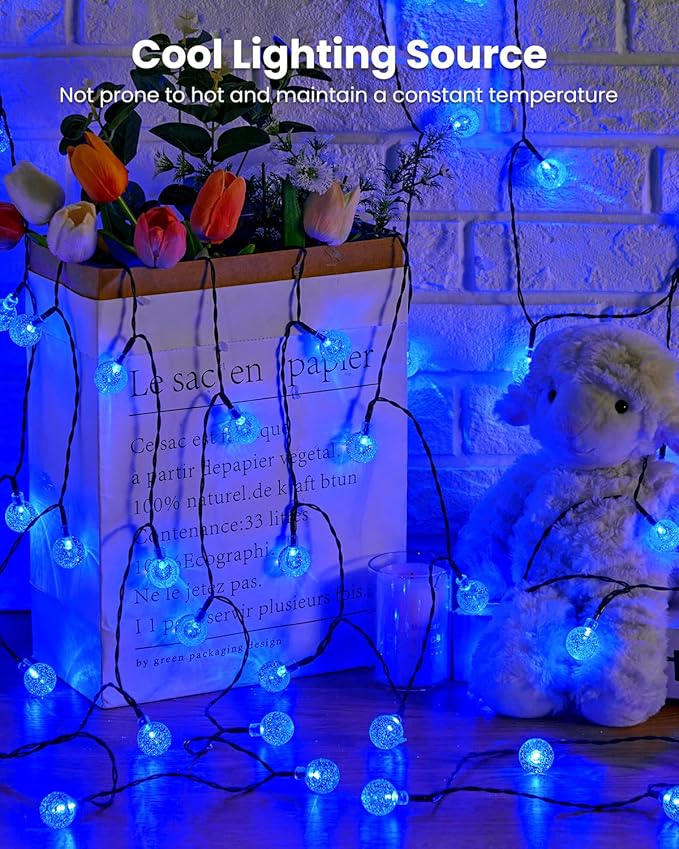 Solar String Lights Outdoor Waterproof, 2 Pack 60 LED 36.5 FT Each, 8 Lighting Modes Solar Powered Patio Lights for Garden Yard Porch Wedding Party Decor (Blue)