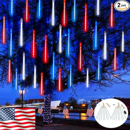2-Pack 4th of July Lights Outdoor, 18 Tubes 432 LEDs Meteor Shower Lights Plug in, Patriotic String Lights Cascading Lighting for Inpendence National Memorial Day Garden Tree Decor(Red Blue and White)