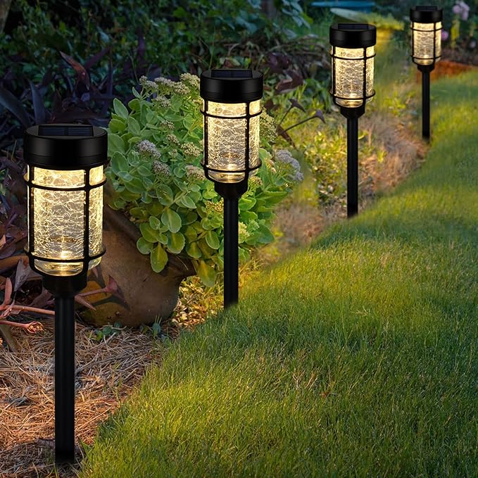 Solar Pathway Lights 8 Pack, Color Changing+Warm White LED Solar Lights Outdoor, Waterproof Solar Crackle Glass Stake Lights for Garden Path Walkway Backyard Lawn Landscape Decoration