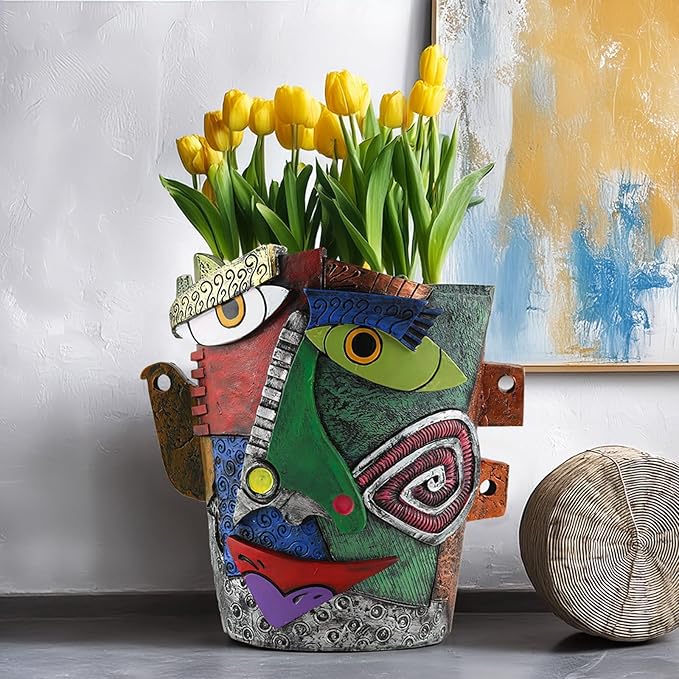 Picasso Brutalist Abstract Beauty Face Flower Pot Ornaments Abstract Face Flower Pots Abstract Head Planter Pots Container Colorful Face Art Abstract Resin Flower Pot (Picasso abstract flowerpot)