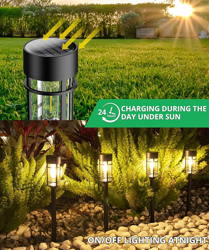 8 Pack Solar Pathway Lights Outdoor, Waterproof Solar Lights Outdoor with Metal & Glass Design - Auto On/Off, Long-Lasting, Landscape Lighting for Garden, Yard, Lawn, Driveway, Walkway