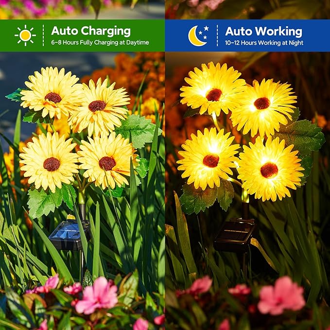 WdtPro 4 Pack Solar Lights Outdoor Garden Decor, Upgraded Outdoor Solar Garden Lights with 16 Glowing Daisy Flowers & Stems, Waterproof Auto ON/Off Solar Flowers Lights for Outside Garden Yard Patio