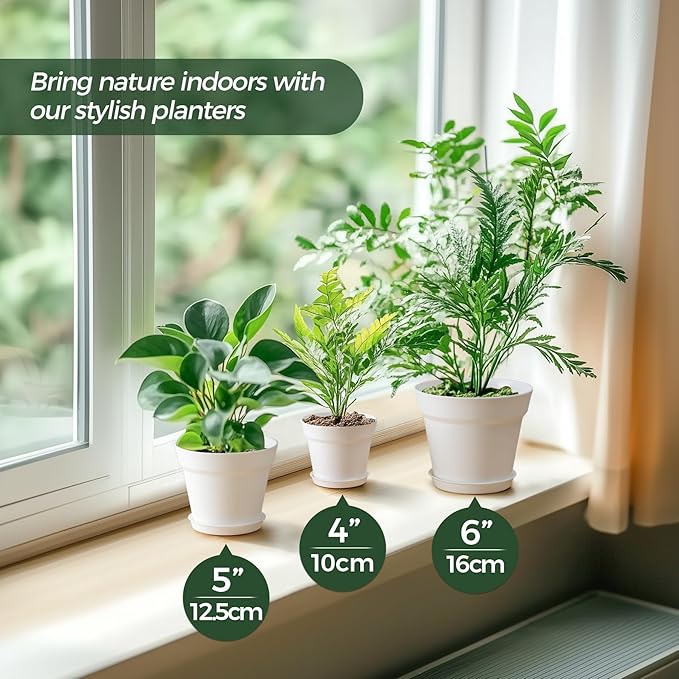 T4U 5 Inch Plastic Planters 18-Pack - Small Plant Pot with Drainage Hole and Saucer, Decorative Nursery Flower Pot Bulk for African Violet, Snake Plant, Aloe and All House Plants Indoor (White)