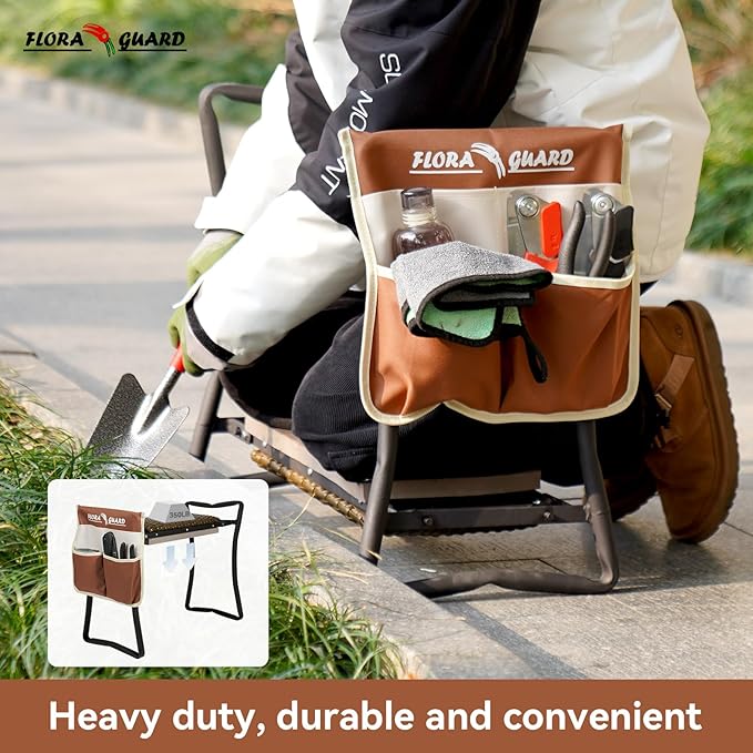 FLORA GUARD Garden Kneeler and seat, Folding seat with Tool Bag, Rattan Cushion, Heavy Duty Carbon Steel Construction, Perfect Gardening Gift for Seniors and Women