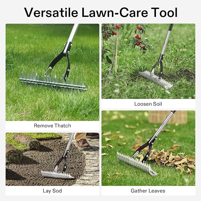 VIVOSUN 15" Thatch Rake, 15" x 70" Lawn Thatching Rake, Sturdy Dethatcher Rake, Efficient Steel Metal Rake with Handle, Durable Adjustable Head for Removing Dead Grass and Clippings, Loosening Soil