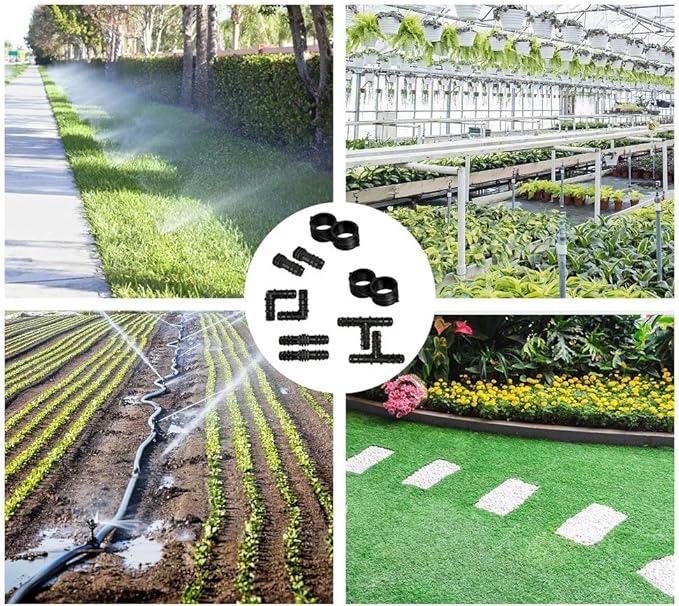 100Pcs Drip Irrigation Connectors Fittings Kit for 1/2 Inch Tubing, Including 30 Tees, 30 Couplings, 20 Elbows, 10 End Closures, 10 End Cap Plugs - Barbed Connectors Compatible Drip Sprinkler Systems