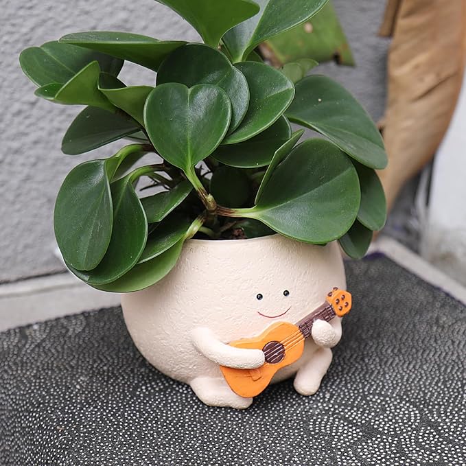 Smily Face Planter Pot with Drainage Hole Cute Resin Head Planters for String of Pearls Plant Live Unique Guitar Succulent Pots for Indoor Outdoor Plants Gift IdeaI for Mother Christmas
