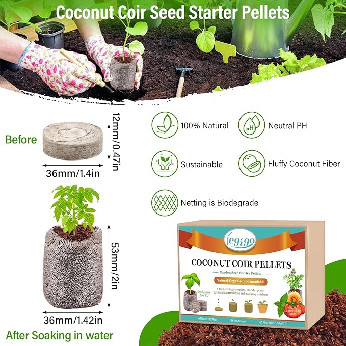 Legigo 50 PCS Coco Coir Seed Starter Plugs, 35mm Coconut Coir Pellets Seed Starter Soil for Plants, Compressed Seedling Starter Pods Pellets Seed Sprouted Potting Soil for Flowers, Herbs, Vegetables
