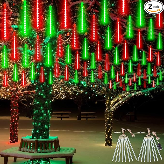 EXF 2-Pack Meteor Shower Lights Outdoor Waterproof, Rain Drop Christmas Light Total 384 LED 30cm 16 Tubes Snow Cascading String Lights Plug in for Xmas Tree Wedding Party Garden Décor (Red and Green)