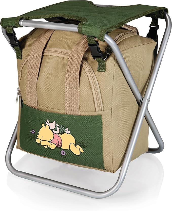 PICNIC TIME Disney Winnie The Pooh Gardener Folding Seat with Tools, Folding Chair Seat with GardenTools Set Organizer, (Olive Green with Beige Accents)