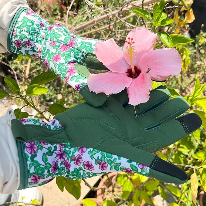 Gardening Gloves for Women, Garden Gloves with Touch Screen, Thorn Proof Puncture Resistant Working Gloves, Gardening Gifts for Women (Green with purple flowers, Medium)