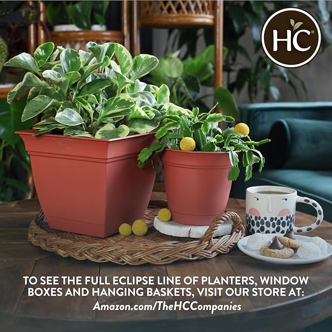 The HC Companies 8 Inch Eclipse Square Planter with Saucer - Indoor Outdoor Plant Pot for Flowers, Vegetables, and Herbs, Warm Gray
