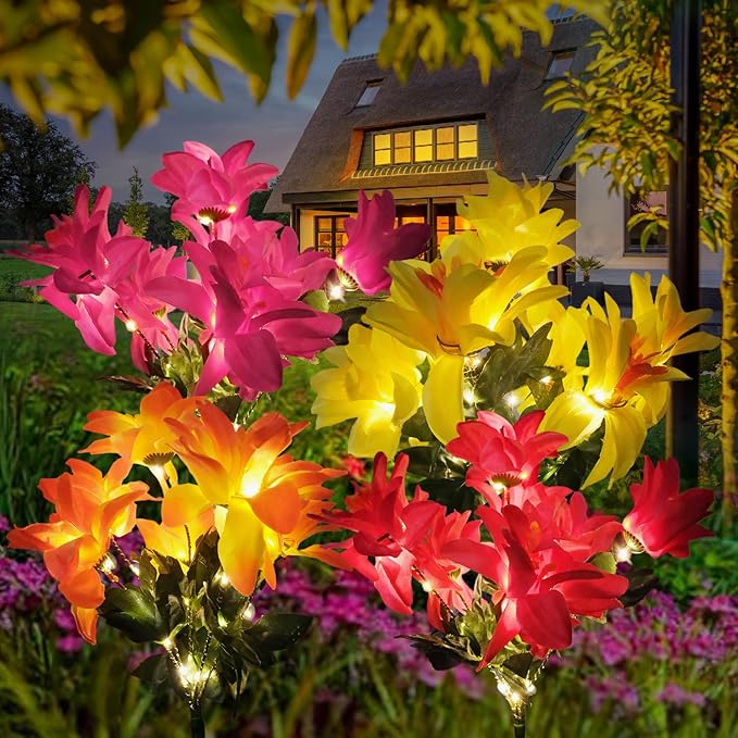 4 Pack Outdoor Solar Garden Decor Lights, Waterproof Solar Powered Hydrangea Lotus Flower Lights Bright Up to 12 Hrs,Led Flowers for Yard Patio Lawn Decorative (Solar Flowers Style 5)