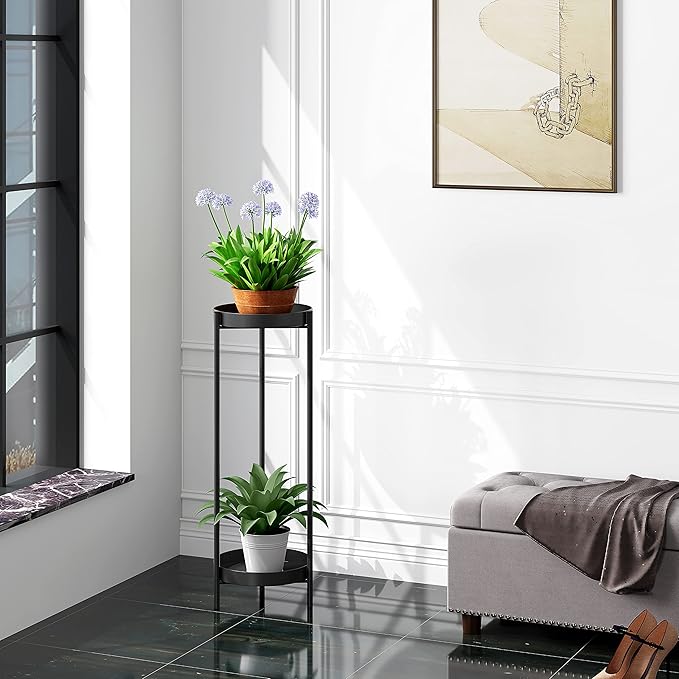 2 Tier Metal Flower Plants Holder, with 2 Removable Display for Indoor or Outdoor,Pot Plant Planter Display (Black 2P)