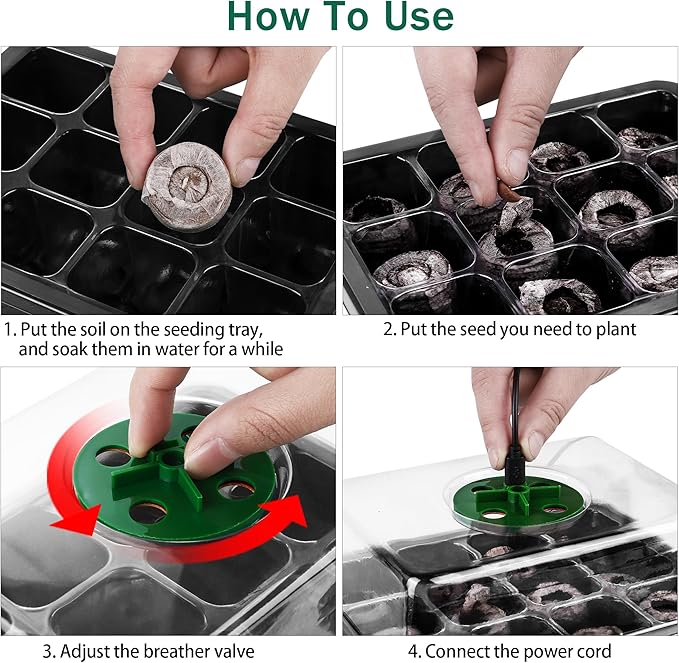 6 Pack Seed Starter Tray Kit with Grow Light and Humidity Dome Germination Trays with 72 Peat Pellets, Plant Labels, Gardening Tools, Plant Growing Trays for Seeds Growing Starting, Black