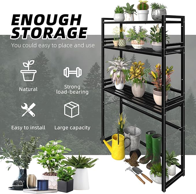 3-Tier Plant Stand Outdoor Indoor Waterproof, Stackable Heavy Duty Tall Plant Shelf Flower Pot Holder, Display Rack for Garden, Patio, Balcony, Black