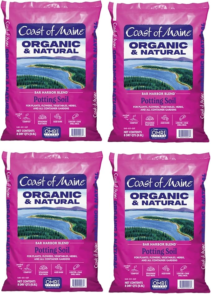 Coast of Maine Bar Harbor Blend, 8qt (Pack of 4) Organic and Natural Potting Soil for Houseplants, Flowers, Vegetables, Herbs and Containers