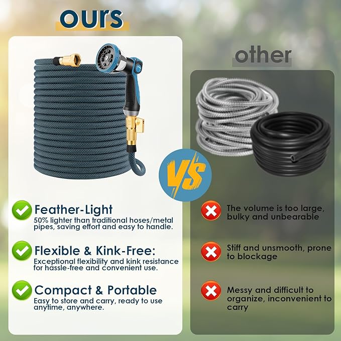 Non-Expanding Garden Hose 25 ft, Flexible Kink Free Water Hose with 10 Watering Spray Nozzle, Lightweight Hose Pipe, Leak-Proof, Durable, 3/4" Brass Alloy Connector, Portable Storage Strap