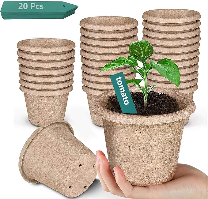 ANGTUO 30 Pcs Peat Pots for Seedlings, 4.33 inch Biodegradable Seed Nursery Pot with Drainage Holes, Seedling Pots Include 20 Labels