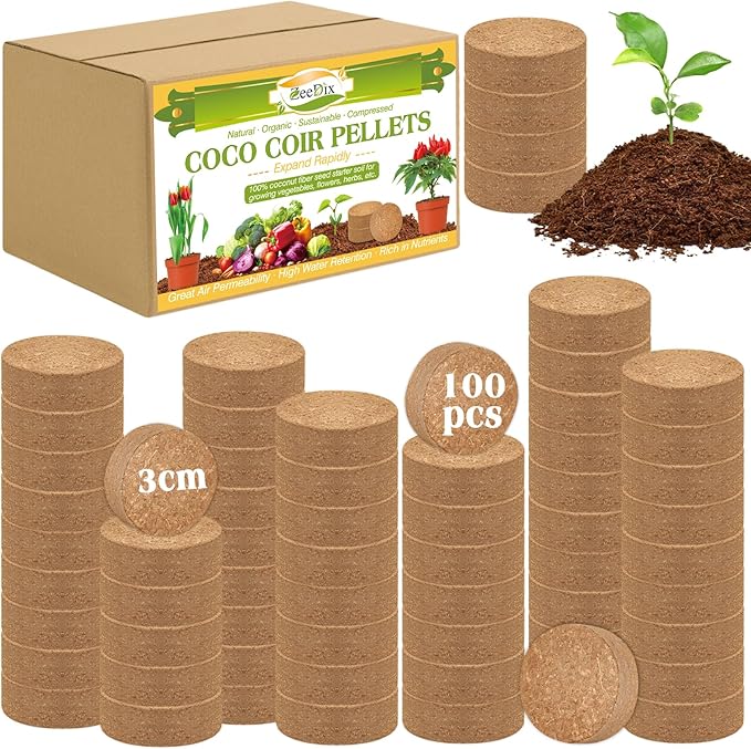 ZeeDix 100 Pcs (30mm) Compressed Coco Coir Fiber Potting Soil- Coir Medium, Coconut Soil for Indoors or Outdoors, Bonsai, Herbs, Plants, Flowers and Vegetables