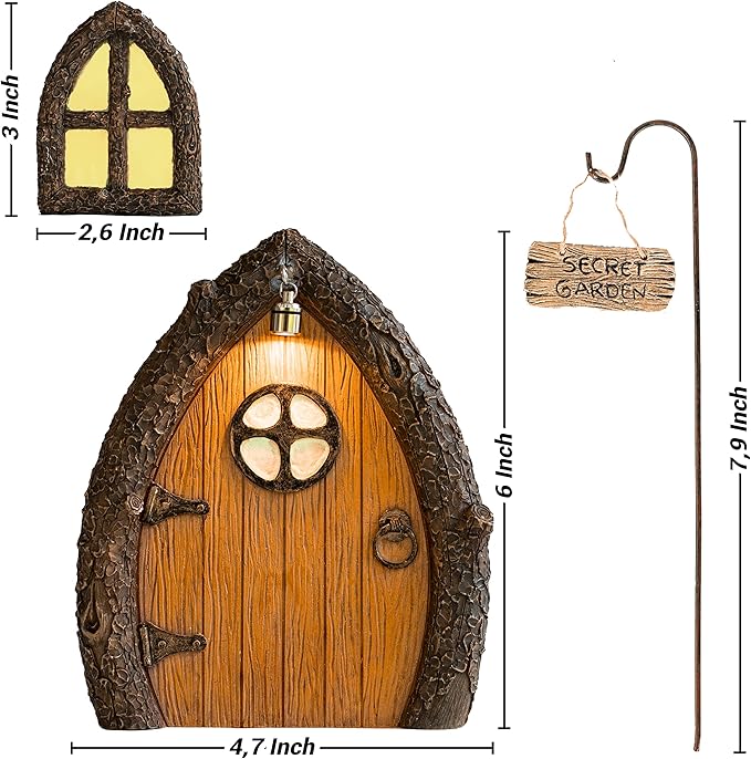 Fairy Door and Windows for Trees – Glow in The Dark Yard Art Sculpture Decoration for Kids Room, Wall and Trees Outdoor | Miniature Fairy Garden Outdoor Decor Accessories with Secret Garden Sign