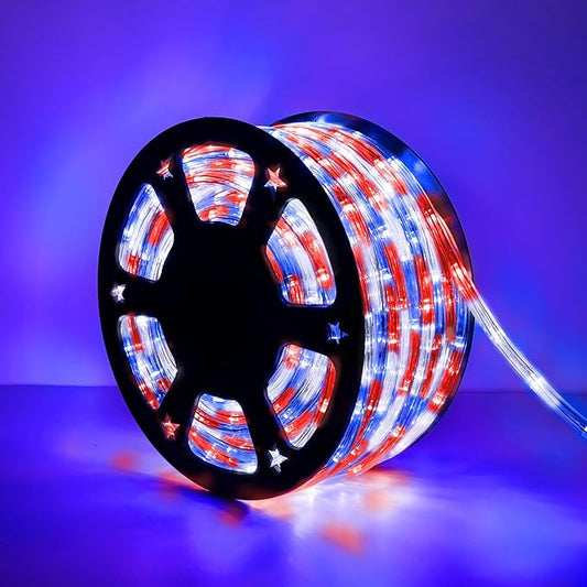 50ft LED Rope Lights Outdoor,360 LED Connectable & Flexible Tube Lights with 8 Modes, Waterproof LED Rope Lighting for Independence Flag Day, Memorial Day, Outdoor,Indoor Decor (Red & White & Blue)