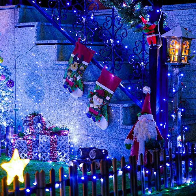 JMEXSUSS 250 LED Blue Christmas String Lights: 91.5ft Extendable Green Wire Blue Christmas Lights Outdoor Waterproof - 8 Modes Christmas Tree Lights Indoor