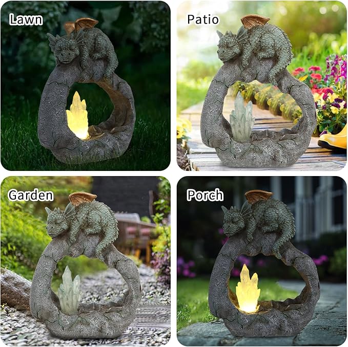 Solar Powered Dragon Statue ，Garden Decor with Crystal LED Lights Handmade Waterproof Resin Dinosaur Outdoor Patio Lawn Sculpture Perfect Christmas (Crystal Dragon)