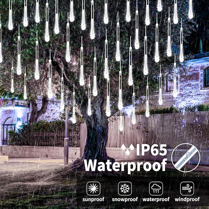 Solar Meteor Shower Lights,Solar Christmas Lights Outdoor Waterproof,16 Tubes 384 LEDs (Equivalent to 2 Sets of 8-Tube) Icicle String Light,LED Rain Drop Light for Tree Garden Decoration (Cool White)