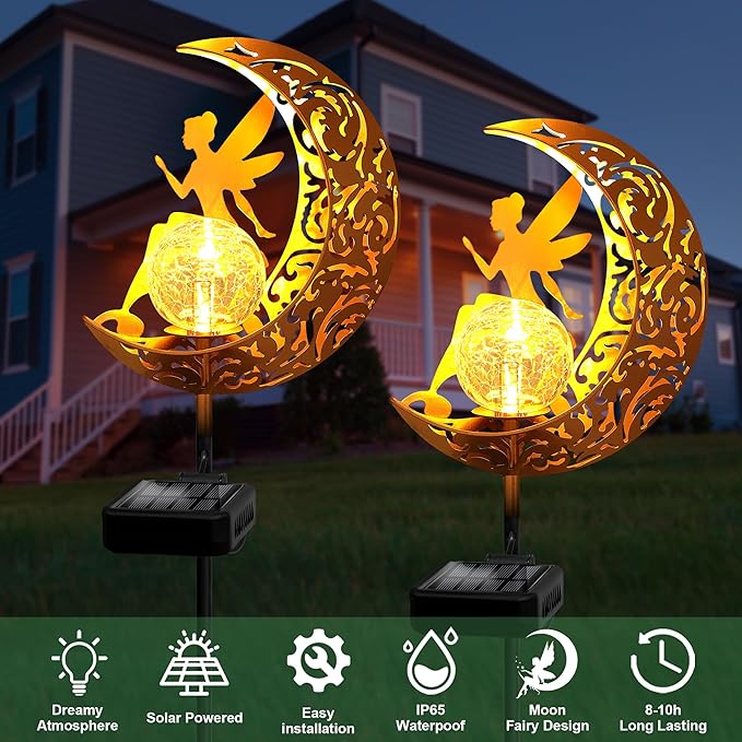 YJFWAL Garden Solar Lights Pathway Stake Lights Moon Fairy Glass Globe with Angel Decor, Outdoor Decorative Lights Waterproof for Walkway, Yard, Lawn, Patio or Courtyard Halloween Decor(Warm White)