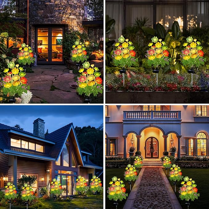 Kohlrabi Solar Garden Lights Outdoor, 2 Pack Upgraded Succulent Solar Lights, Mothers Day Gifts for Woman Mom Grandmom, Succulent Plant Yard Decor Waterproof for Lawn Patio Pathway