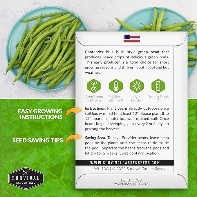 3 Packs Contender Bush Bean Seed for Planting with Instructions to Grow Delicious & Stringless Green Beans in Your Home Vegetable Garden - Non-GMO Heirloom - Survival Garden Seeds