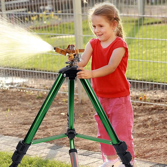 Biswing Impact Sprinkler Head on Tripod Base, Heavy Duty Lawn Sprinkler, 360 Degree Large Area Irrigation, Brass Sprinkler Nozzle & Solid Alloy Metal Extension Legs Flip Locks, 1 Pack
