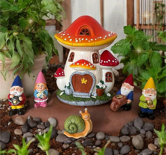 Solar Garden Gnome Statue Set – Magical Gnome Decor - Solar Light Mushroom House – Hand-Painted Resin Garden Decorations for Indoor & Outdoor – Weather-Proof Yard Ornaments - Unique Outdoor Gifts
