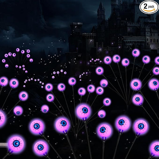 Solar Halloween Lights - 2 Pack 20LED Outdoor Waterproof Scary Eyeball Swaying Firefly Lights for Yard Garden Patio Party Decor Purple