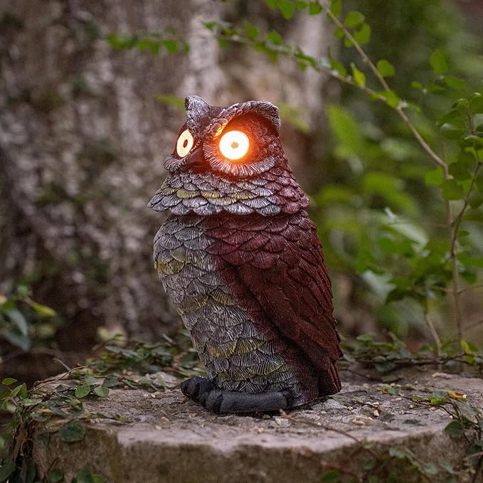 Garden Owl Statue - Resin Owl Figurines with Solar Powered Light Eyes and Spring Head Outdoor Owl Decorations for Patio Yard Porch Lawn, Ornament Gift