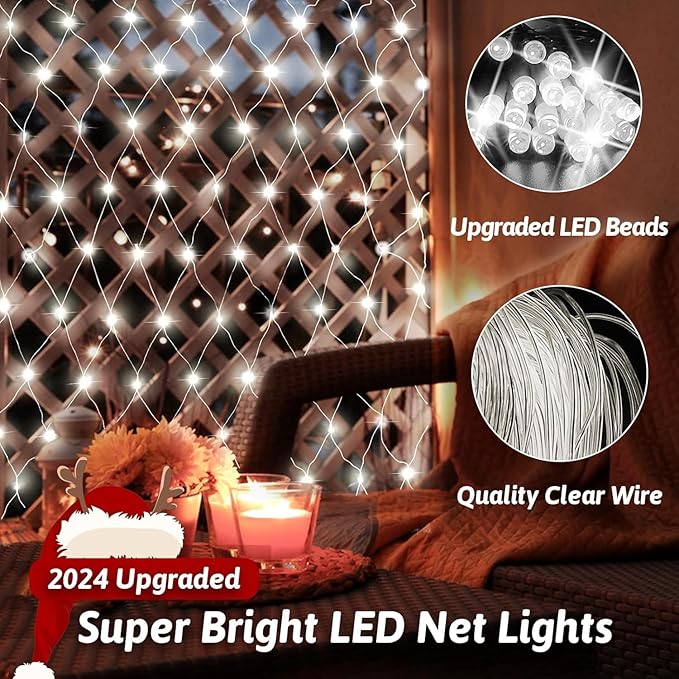 Christmas Net Lights, 204 LED Outdoor Mesh Lights Waterproof, Bush Solar Net Lights with 8-Lighting Modes for Tree Garden Yard Christmas Wedding Party Decoration(White)