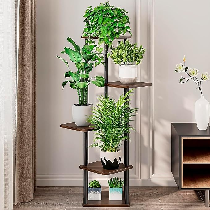 5 Tier Wood Tall Plant Stand Metal Rack Indoor, Multiple Flower Pot Holder Shelves Corner Rack, Planter Shelf Display Rack Storage Organizer for Patio Living Room Balcony Garden(Black Oak)