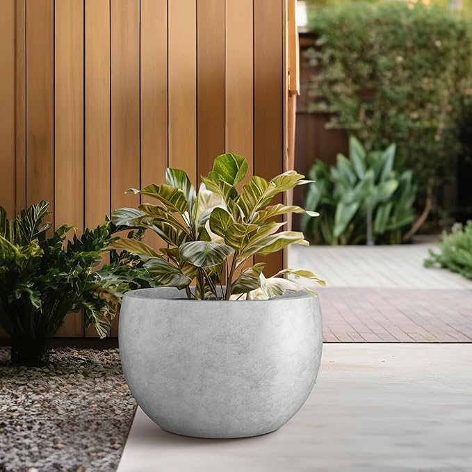 Kante 15.7" Dia Round Concrete Planter, Outdoor/Indoor Large Bowl Plant Pots with Drainage Hole and Rubber Plug for Garden Patio Balcony Home, Natural Concrete