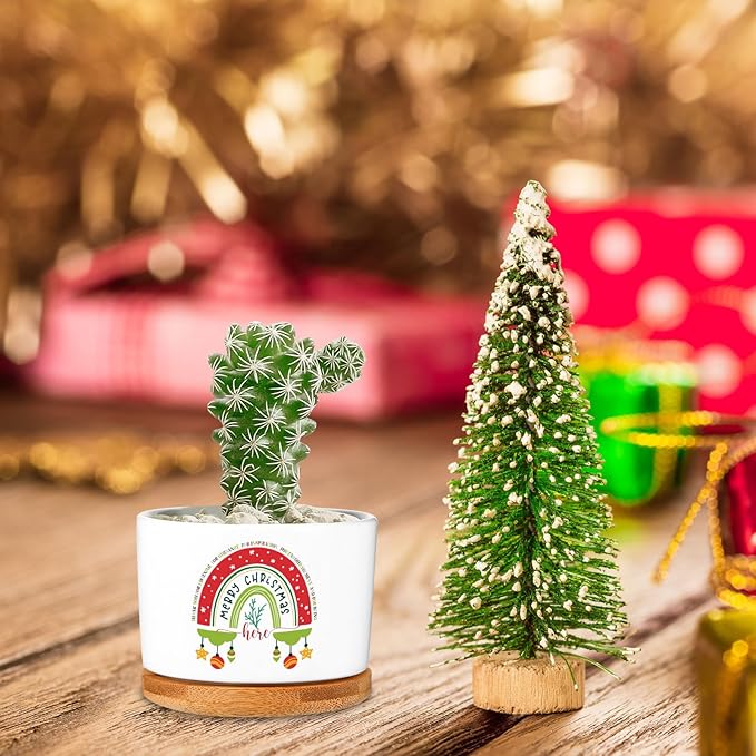 Sieral 6 Pcs Thank You Gift Appreciation Gift Succulent Pots Mini Ceramic Plant Pot with Bamboo Tray Succulent Planter for Coworker Employee Teacher School Counselor, Plants Excluded(Joyous Style)