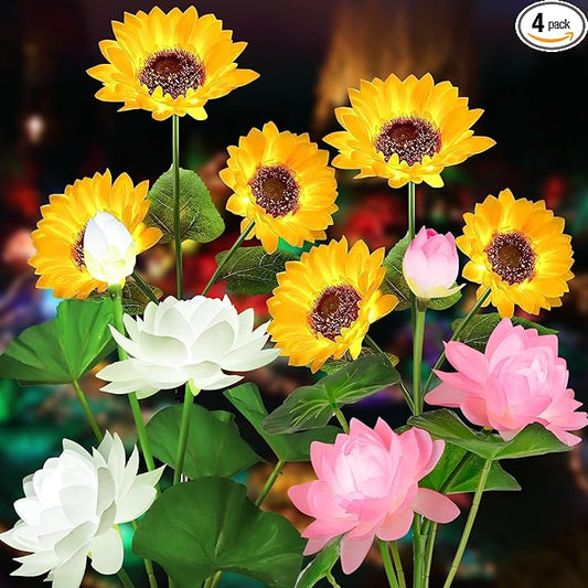 Solar Flower Lights - 4 Pack Outdoor Waterproof Sun Powered Lotus Sunflowers Landscape Decorative Glowing Lights for Yard, Lawn, Patio, Pathway