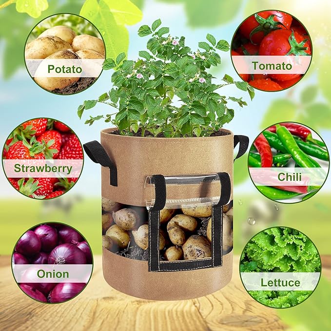 Visible Strawberry Sweet Potato Grow Bags 7 Gallon with Flap Window 3-Pack, Heavy Duty Thickened Aeration Nonwoven Fabric Pots with Handles, Come with 3-Pcs Plant Labels&Lens Hoods