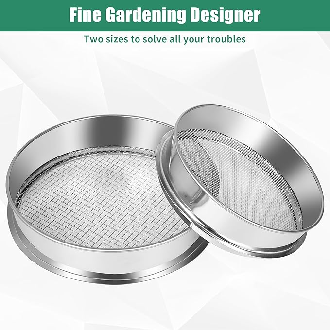 2 Pcs Garden Soil Sifter, Stainless Steel Mesh Screen Dirt Sifter, Sifting Pan-Sieve for Sand Rocks Dirt Compost, 1/4" and 1/8" Mesh