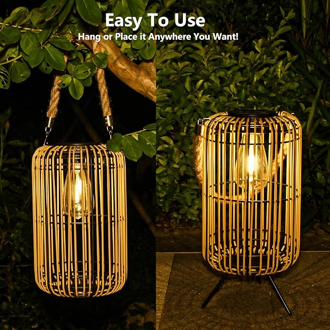 Solar Lantern Outdoor Waterproof, Large Solar Rattan Lantern Outdoor Hanging with Handle, Bright Solar Outdoor Lights with Edison Bulb for Garden Patio Yard Tabletop Decoration
