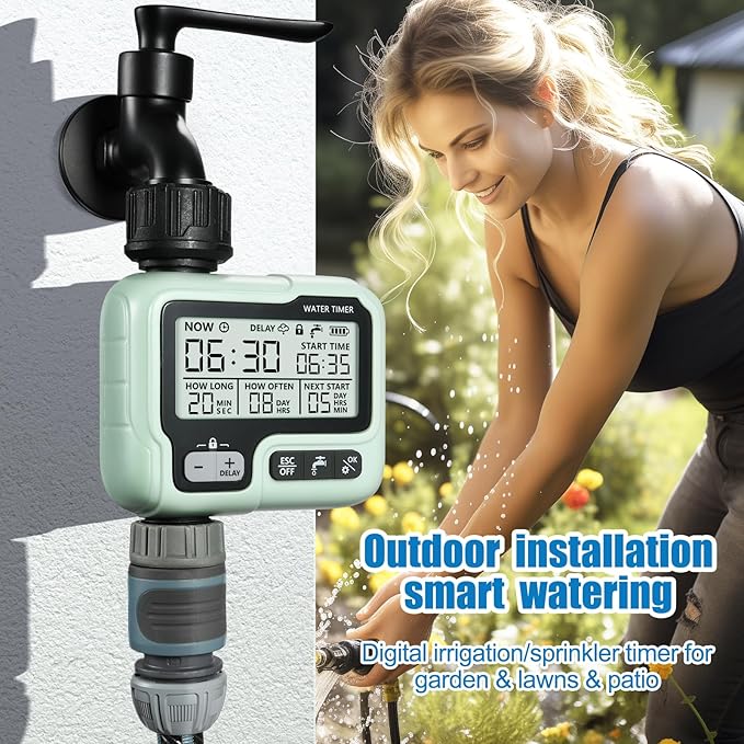CROSOFMI Watering Timer,Sprinkler Timer Programmable Garden Outdoor Hose Faucet Timer with Rain Delay/Manual/Automatic Watering System,Waterproof Digital Irrigation Timer System for Lawns,1 Outlet
